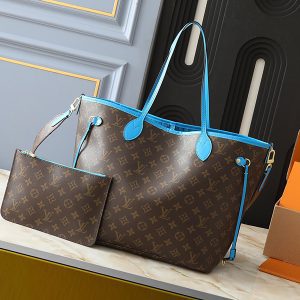 12.6"x11.4"x6.7" Leather Brown Prints Blue Linning Double-sided available Tote bag BB-921469