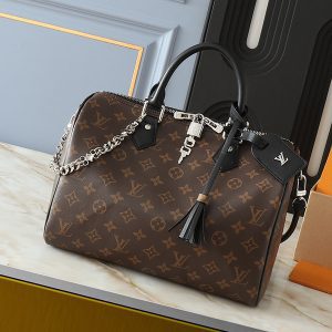 4 Colors 11.8"x8.3"x6.7" Brown Prints Black lining Leather bag charms Handbag with bag charm lock and Strap BB-921489
