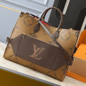 16.9"x13.0"x7.3" Brown&Yellow Leather Red linning Handbag With outside pocket BB-921450