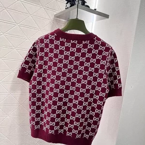 Wine red round neck vintage short sleeved sweater MY-93217