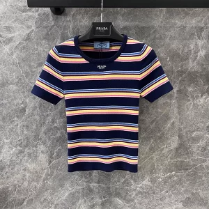 Round neck color stripe knitted short sleeved shirt TX-9170178
