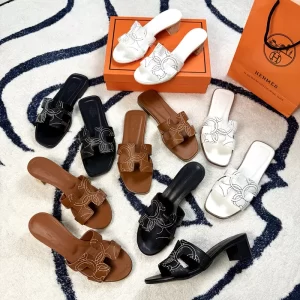 Genuine Leather Cutout Chunky Heels and Flat Slippers(6 Colors) LX-6610559